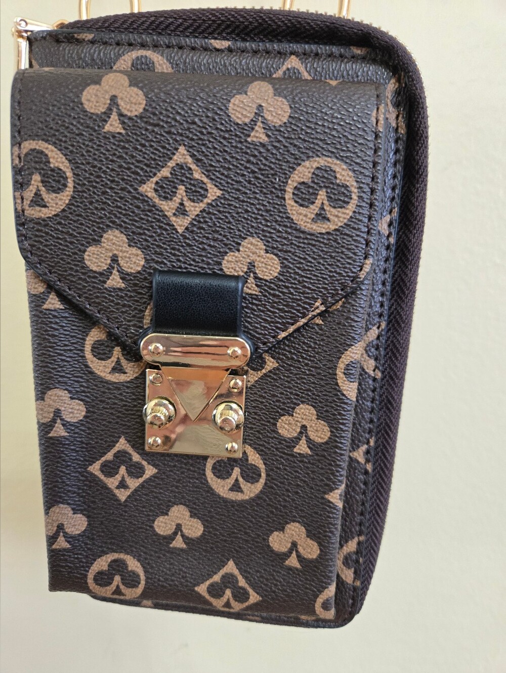 Brown Patterned Women's Crossbody Pouch with Gold Hardware